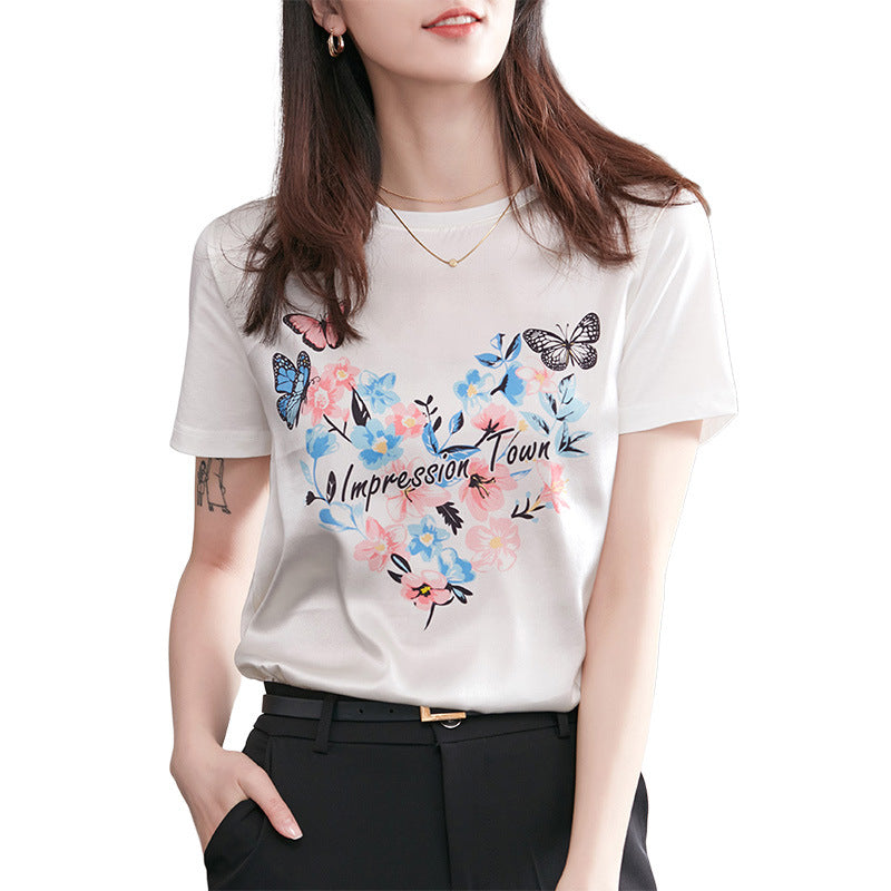 T-shirt en soie pour femmes, manches courtes, impression papillon amour, coutures en satin épais