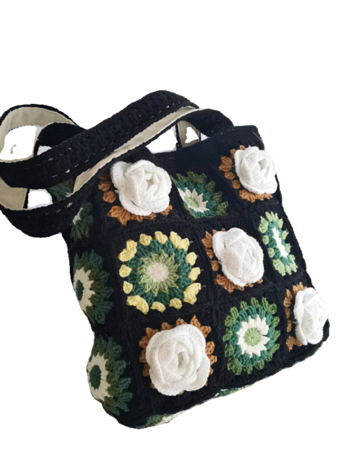 Bolso de hombro profesional de lana tejida a mano con flores de alta gama