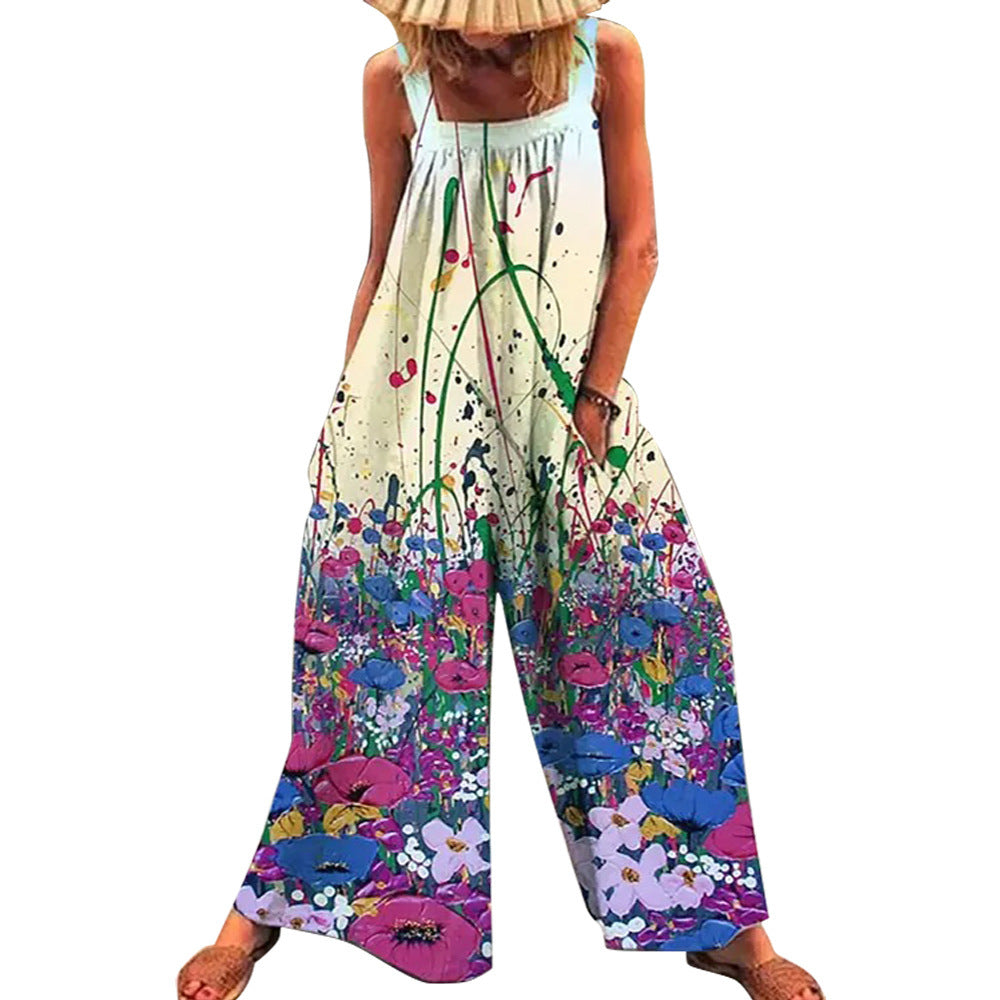 Women's Printed Sling Sleeveless Loose Casual Jumpsuit