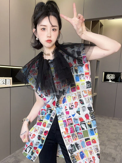 New Mid-length Cartoon Printed Mesh Patchwork Top