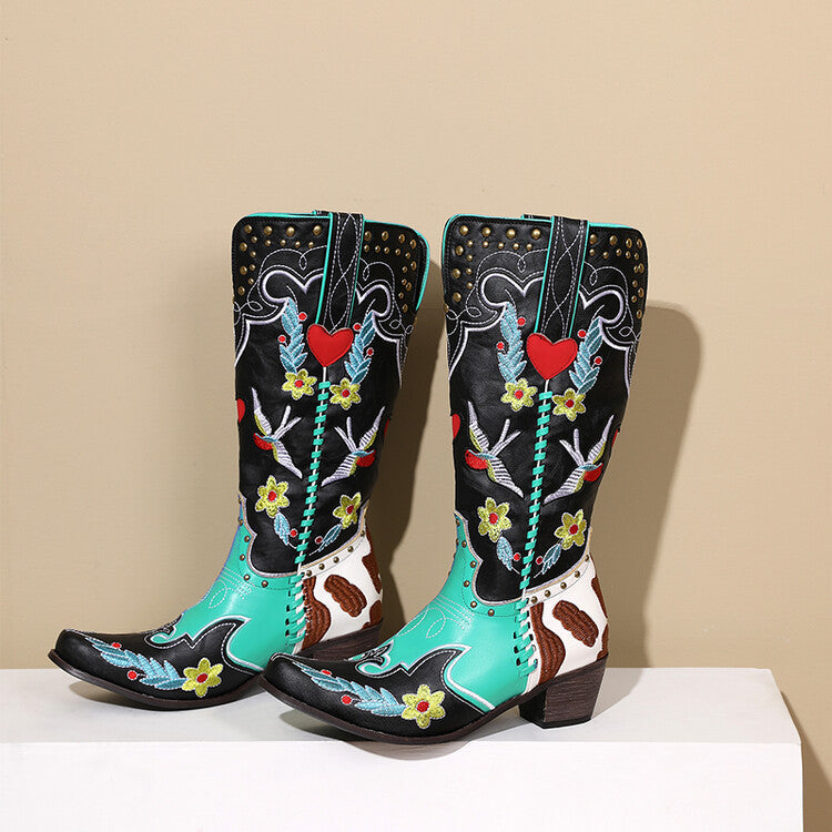 Denim Western Shoes Women's Leather Boots Exquisite Embroidery