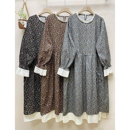 Women's Loose Casual Patchwork Fake Two-piece Long Sleeve Floral Dress