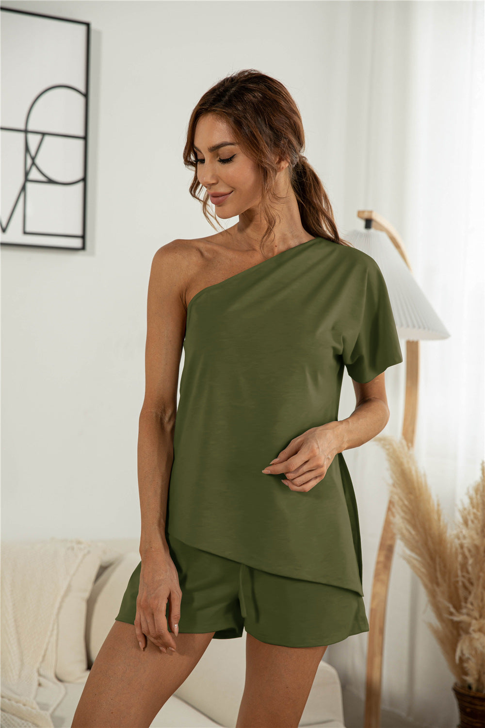 Off-the-shoulder Short Sleeve Sloping-shoulder Off The-shoulder Casual Two-piece Suit