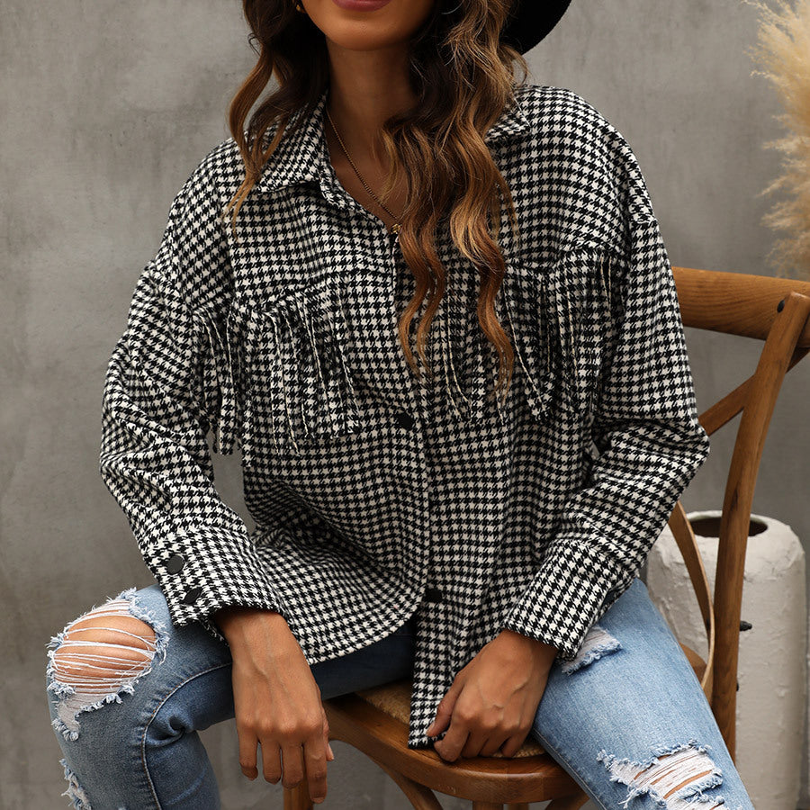 Fashion Plaid Houndstooth Shirt Autumn Winter Women's Long Sleeves