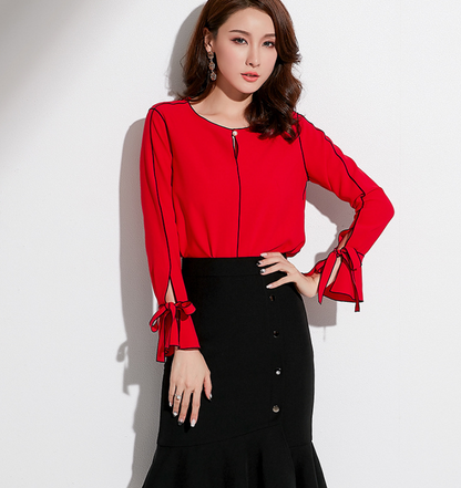 spring new brand women's Korean version of the round neck long-sleeved shirt female temperament contrast color bandage beaded chiffon shirt