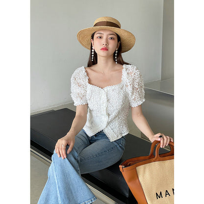 Embroidered Women's New French Retro Solid Color Cropped Shirt