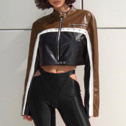 Locomotive Style Color Contrast Short Leaky Navel Rivet Leather Coat