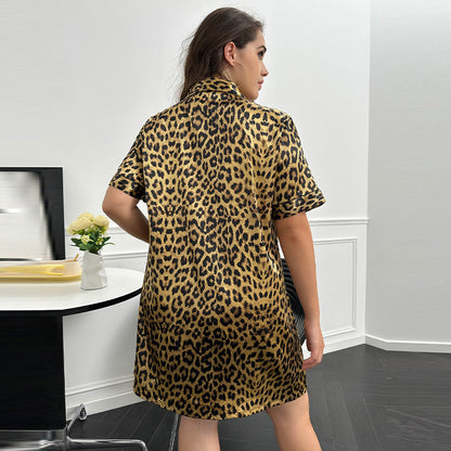 Camisón camisero de seda artificial con estampado de leopardo suelto para mujer