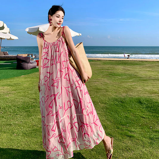 Ink Printing Seaside Vacation Sling Beach Dress