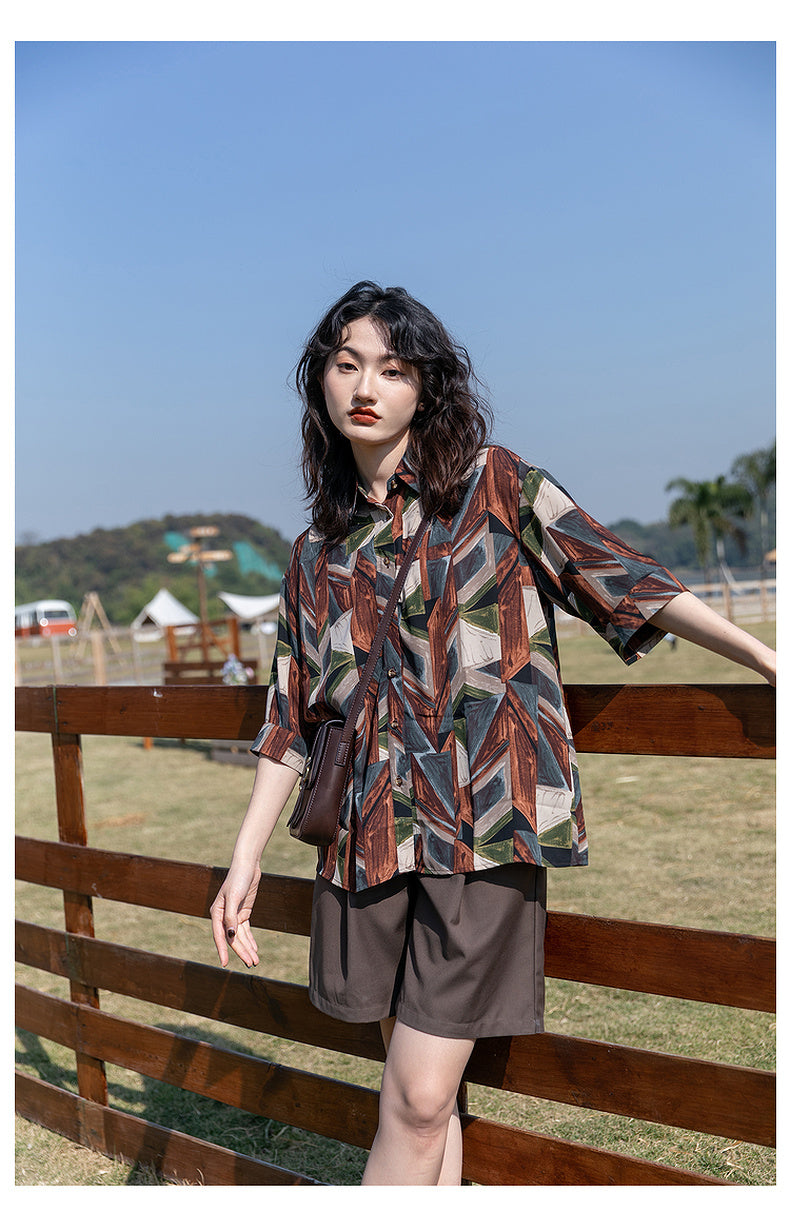 Spring And Autumn Loose Top Retro Hong Kong Style Long Sleeve Flower Shirt