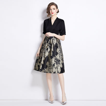 Sense French Light Socialite Stitching Jacquard Waist Dress