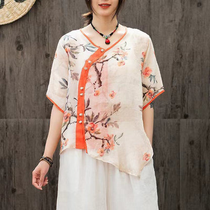 Disc Button Hanfu Retro Small Shirt Large Size Loose  Ramie