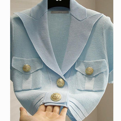 Women's Metal Button Lapel Short Sleeve Ice Silk Knitted Sweater