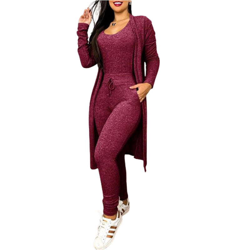 Women's Casual Suit High Waist Slip-on Casual Pants Drawstring Pocket Design Jumpsuit And Cardigan Cover