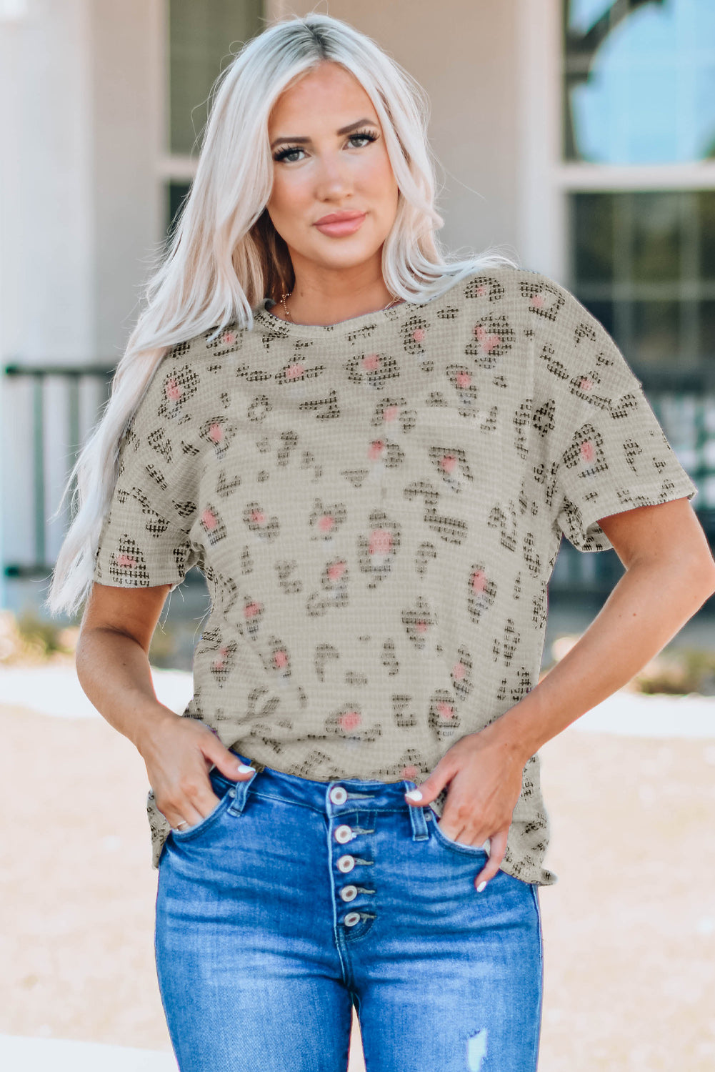 Animal Print Waffle Knit Short Sleeve Top