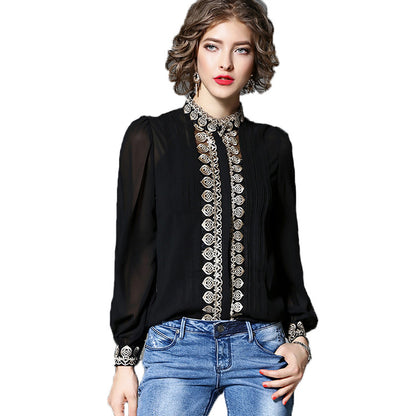 Slim Fit And Slim Heavy Embroidery Blouse With Suspenders