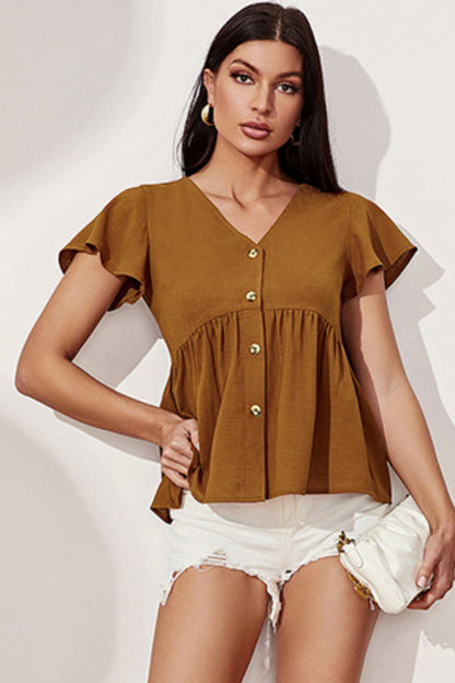 Button Front Flutter Sleeve Babydoll Blouse