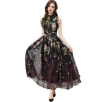 Printed Ruffled Stitching Sleeveless Pleated Chiffon Long Dress