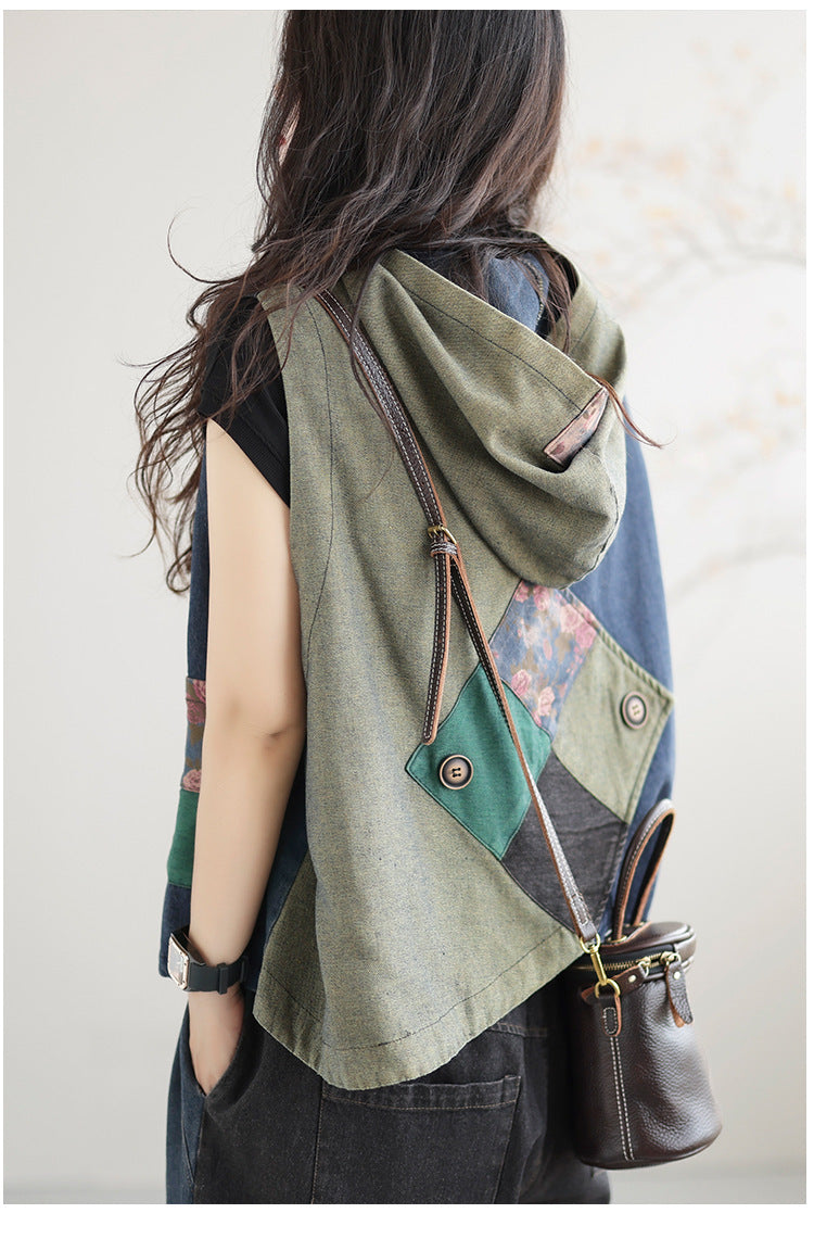 Women's Retro Loose Hooded Ethnic Style Stitching Patchwork Coat Vest