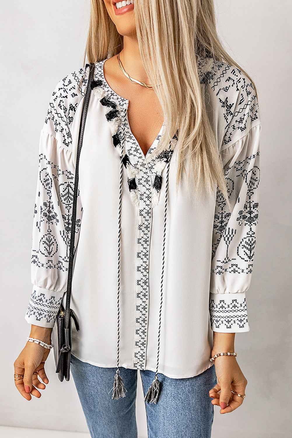 Printed Tassel Tie Puff Sleeve Blouse