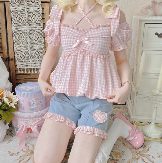 Original Design Of Sweet Plaid Summer Soft Girl Top