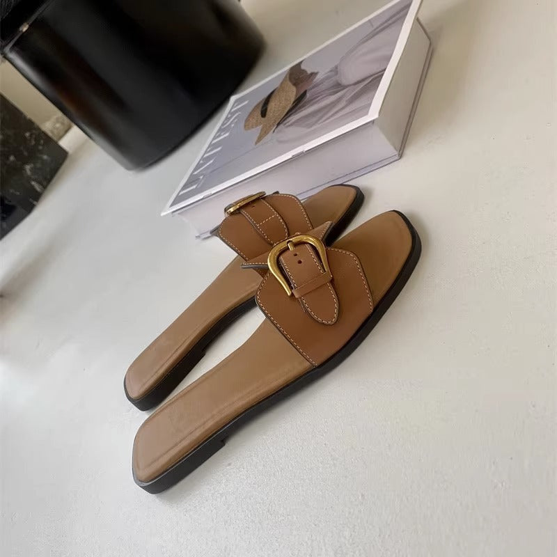 Zapatillas planas francesas para mujer, ropa de verano, sandalias con hebilla retro, zapatos casuales para vacaciones y playa