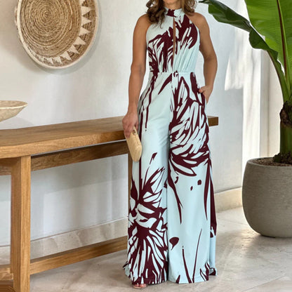 Summer Graceful And Fashionable Half Turtleneck Sleeveless Printed Hollow-out Cinched Wide Leg Jumpsuit