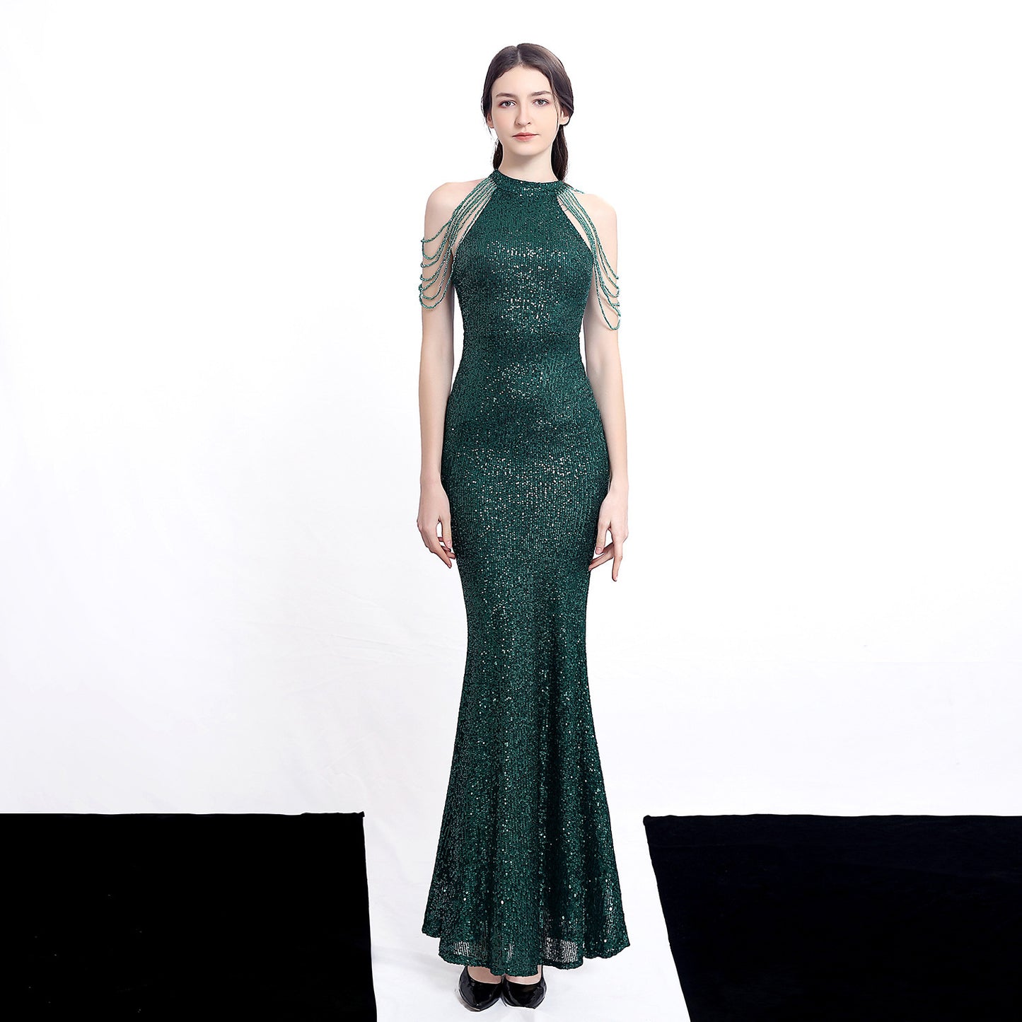 Banquet Temperament Elegant Long Halter Set Diamond Sequined Aura Queen Fishtail Evening Dress