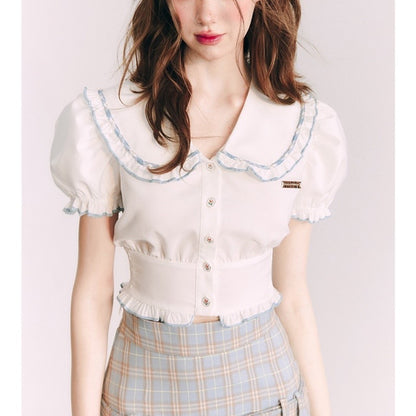 Small Shirt Puff Sleeve Navy Style French Style Peter Pan Collar Short Sleeve