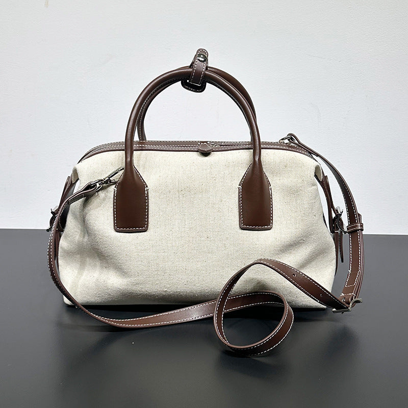 High-grade Light Luxury Linen Contrast Color Bowling Leather Casual Bag