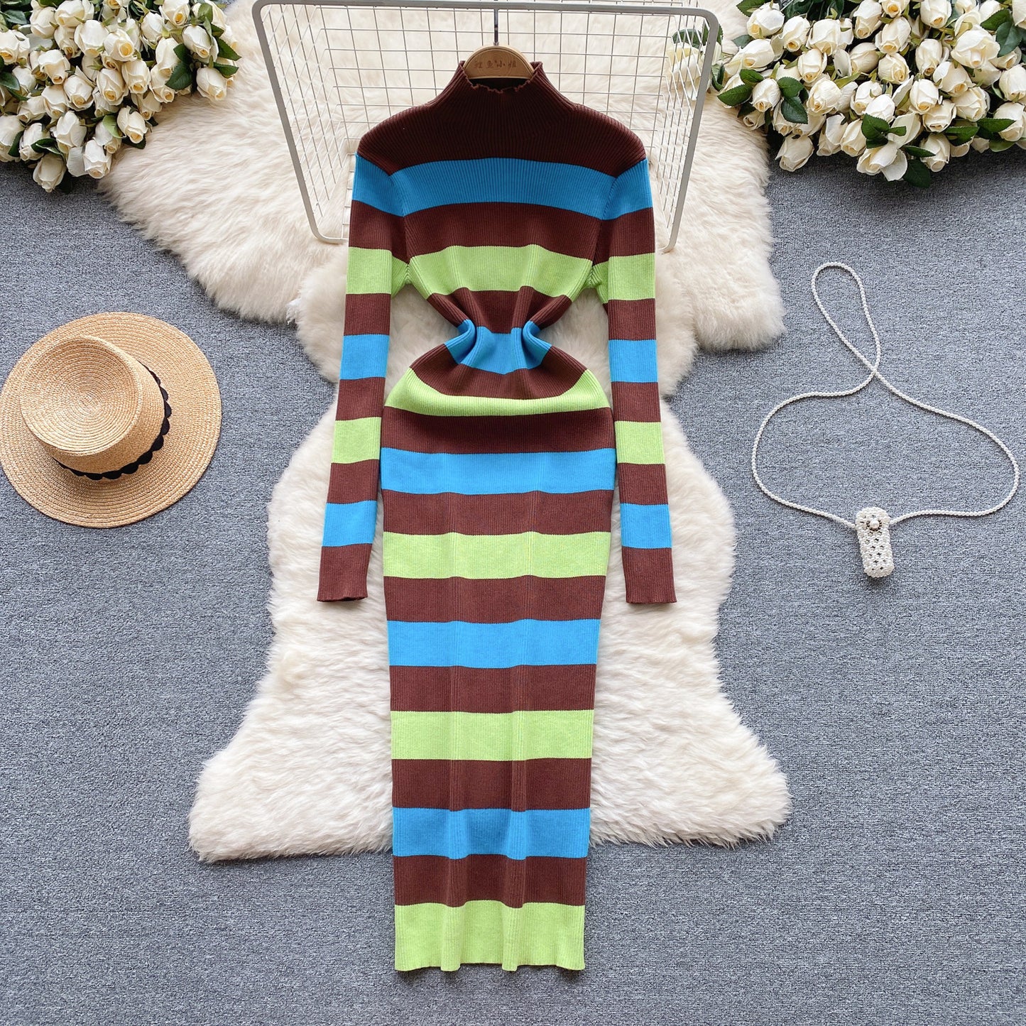 Knitted Dress Women's Mixed Color Stripe