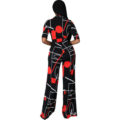 Fashion Digital Printing V-Neck Women's Jumpsuit Long