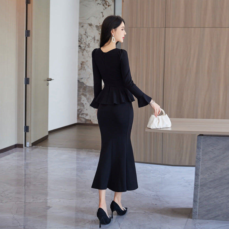 Elegant High-end Ruffled Waist Professional Slim Fit Long Sleeve Square-neck Black Dress