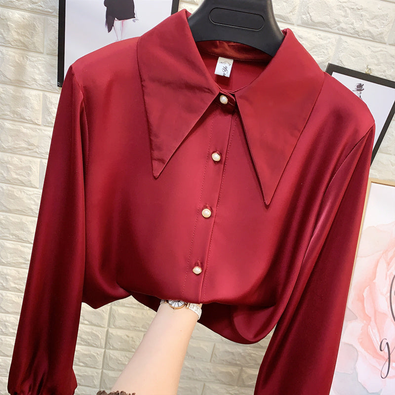 Women's Pearl Button Chiffon Shirt With Pointed Collar