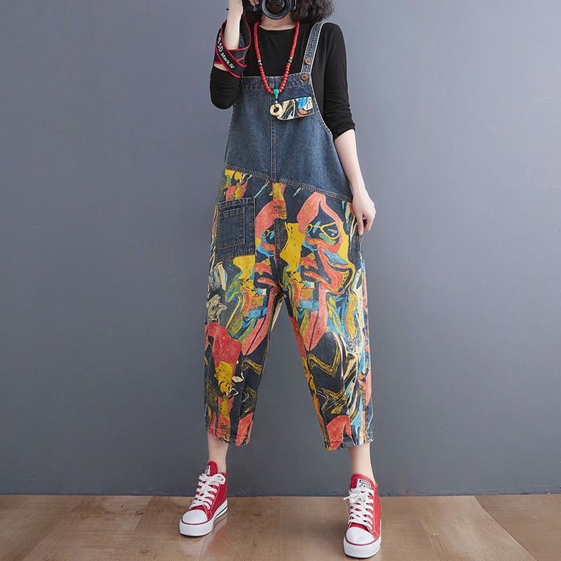 Ladies Fashion Slim Print Denim Bib Pants