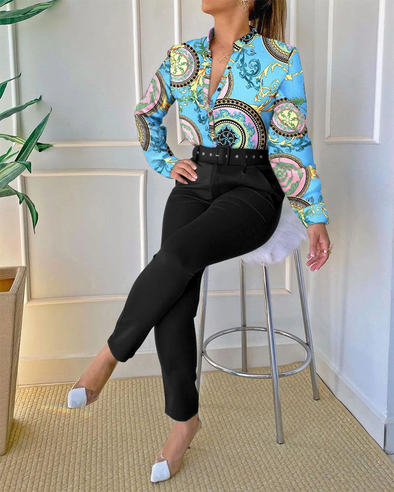 Women's Digital Printing Long-sleeved Shirt With Belt Trousers Suit