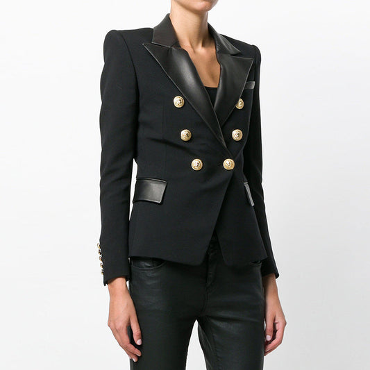 Fashion Stitching PU Leather Long Sleeve Double Breasted Suit Jacket Tops