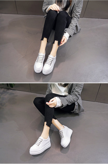 Genuine Leather Platform Versatile Casual Breathable White Muffin Height Increasing Insole Women's Board Shoes