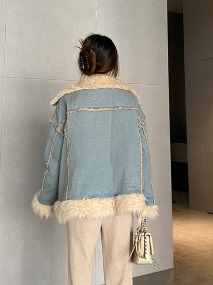 Denim Fur Collar Coat Women's Winter Hong Kong Style Vintage Top