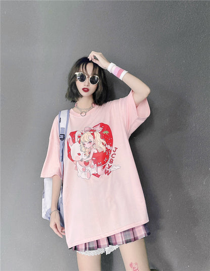 Camiseta holgada de manga corta con estampado de amor para mujer, camiseta creativa Super Fire para estudiante