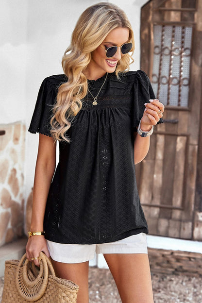 Frill Trim Round Neck Eyelet Puff Sleeve Blouse