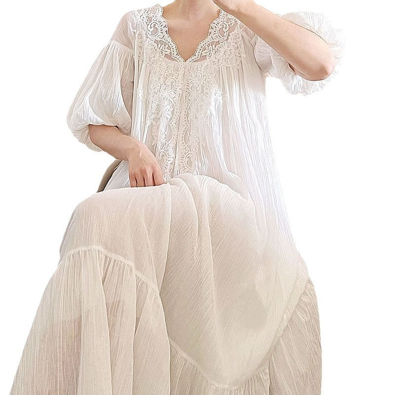 Women's Morning Gowns Spring And Autumn Cotton Long-sleeved Lace Pajamas Dress