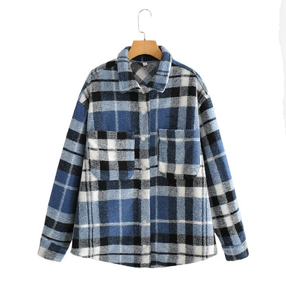 Plaid Shirt Woolen Lapel Top Coat