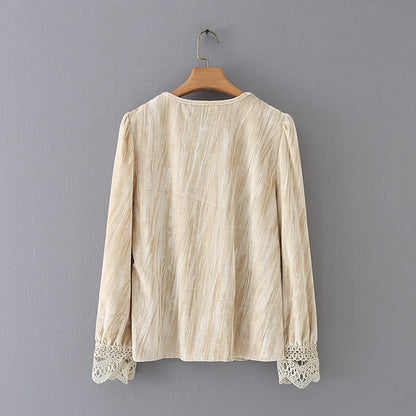 Lace Stitching Velvet Long-sleeved Shirt Top