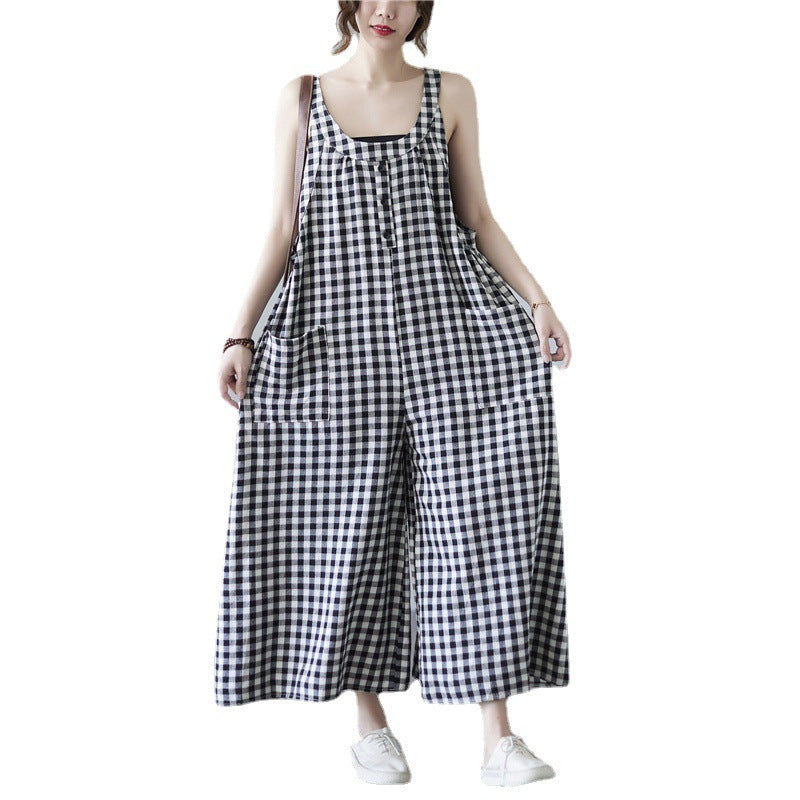 Summer Plus Size Female Artistic Plaid Cotton Linen Suspender Trousers