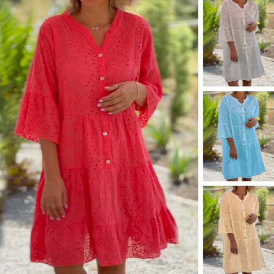 Solid Color And V-neck Loose Cutout Lace Flower Dress