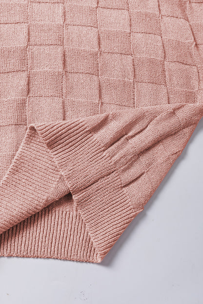 Dusty Pink Lattice Textured Knit Short Sleeve Sweater