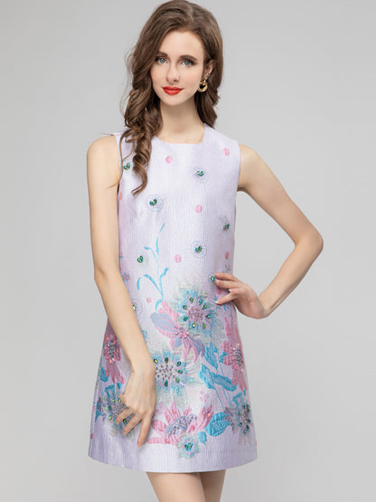 Printed Sleeveless Short Jacquard Dress Women