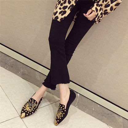 Women's Rhinestone Pointed Toe Rivet Flat Shoes