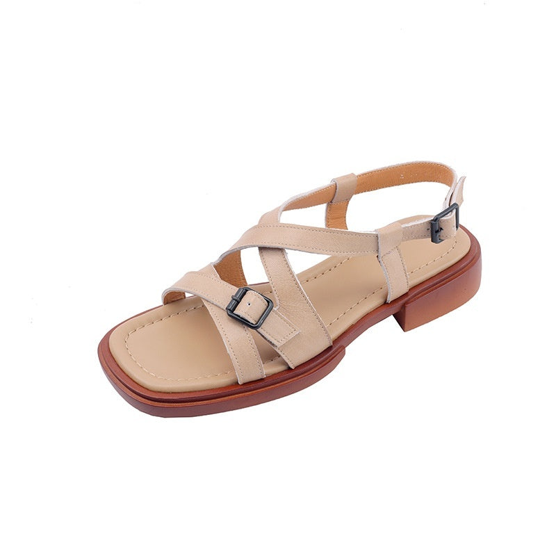 Retro Cross Strap Genuine Leather Open Toe Sandals Stylish Low Heel Roman Style Beach Shoes